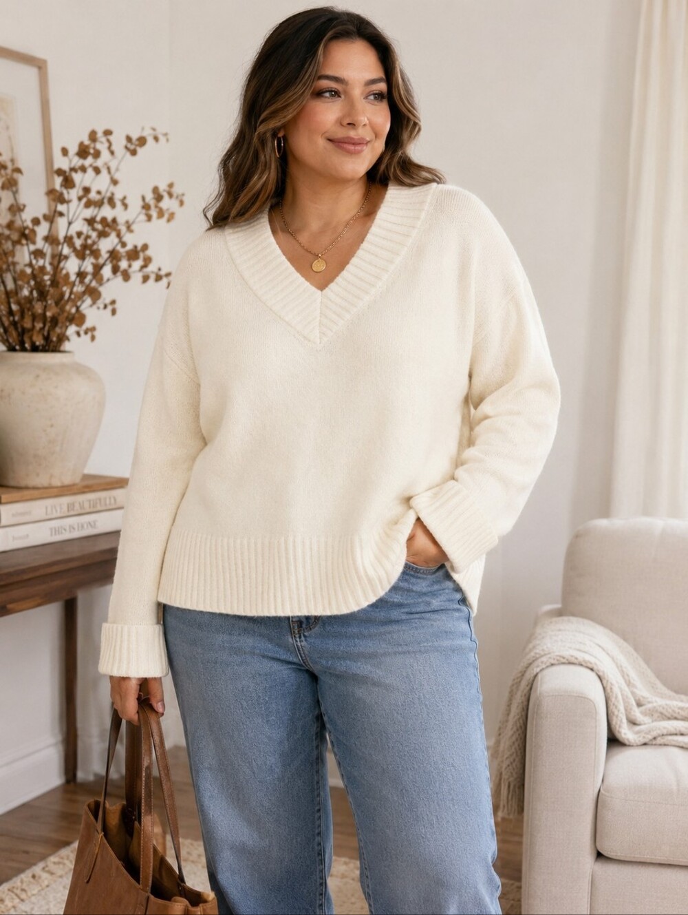 A New Day XL Cozy Knit V-Neck Boxy Pullover Sweater Cream Ivory NWT